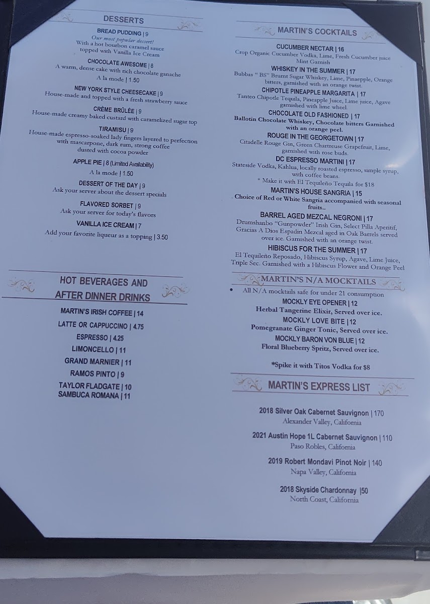 Martin's Tavern Menu - Image 1